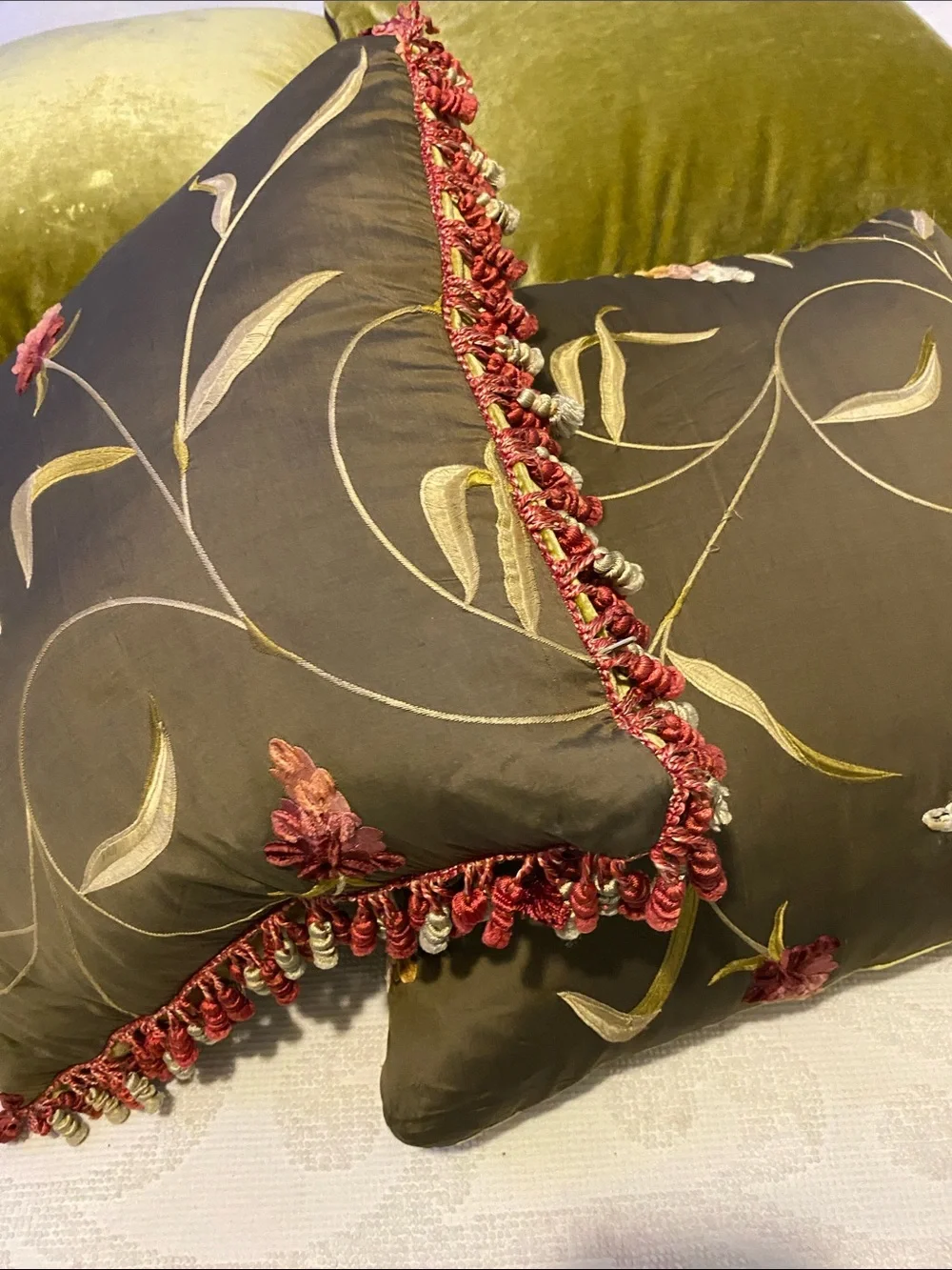 Decorative Floral Embroidered Throw Pillows in Olive Green . Includes four.